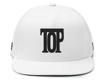 TOP embroidered flat bill cap | snapback hat, bold vintage lettering