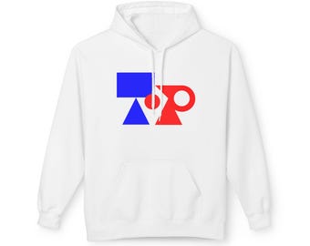 May include: White hooded sweatshirt with a front pocket and a drawstring. The design on the front features a blue rectangle, a red circle, a red shape resembling a cup, and a blue triangle.