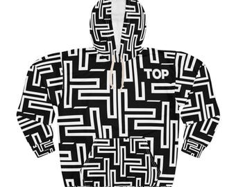 May include: Black and white patterned hoodie with a maze-like design. The word "TOP" is printed on the upper right chest area. Features a drawstring hood and a front pocket. The hoodie is made of a soft, comfortable material.