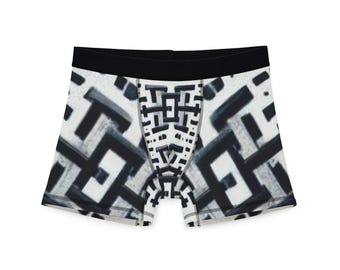 May include: Boxer briefs with a black waistband and a repeating black and white geometric pattern. The pattern features interlocking shapes and a symmetrical design on the front.