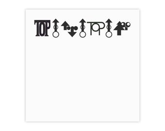 May include: White square with the word "TOP" in bold black letters, followed by a series of black symbols including arrows, circles, and a tree-like shape. The design is centered on the square.