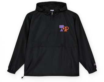 May include: Black anorak jacket with a hood and a half-zip closure. The jacket features a small logo on the chest with purple, orange, and white geometric shapes. The Champion logo is visible on the sleeve.