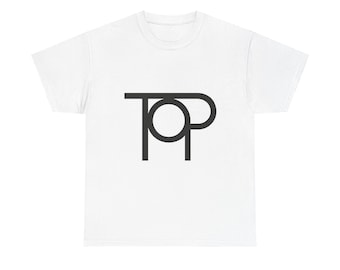 May include: White t-shirt with a black graphic design. The design features the letters "T" and "P" with a circle in the middle. The shirt is made of a soft material and has a crew neck.