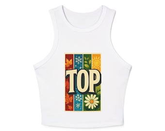 May include: White crop top with a colorful graphic. The graphic features the word "TOP" in bold letters, with seasonal imagery including leaves, snowflakes, leaves, a sun, and a daisy. The top is sleeveless and has a rounded neckline.