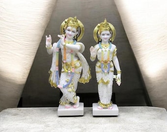 Estatua de Radha Krishna de mármol blanco hecha a mano / Ídolo de templo hindú