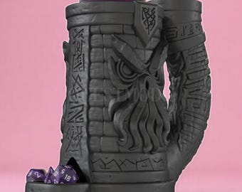 Eldritch Dice Tower & Drink Holder – Cthulhu DND Accessory, Lovecraft Dice Roller Mug, Fantasy RPG Gift, Dungeons and Dragons Decor