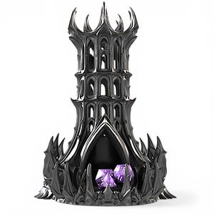 May include: A black, gothic-style dice tower with a tall, spired design. The tower features arched windows and a central opening where purple dice are visible. The overall aesthetic is dark and detailed, suitable for tabletop gaming.