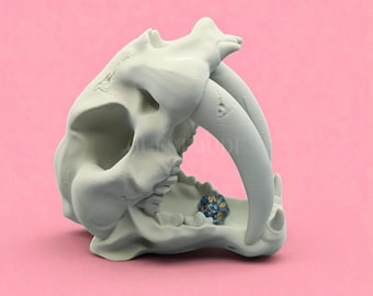 Sabertooth Skull Dice Tower – Saber Tooth RPG Dice Roller, Prehistoric Fantasy Gift, DND Tabletop Accessory, Gothic Skull Dice Chute