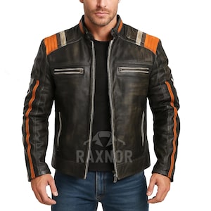 Men’s Cafe Racer Leather Jacket | Retro Striped Distressed Motorcycle Jacket | Vintage Black Biker Riding Jacket