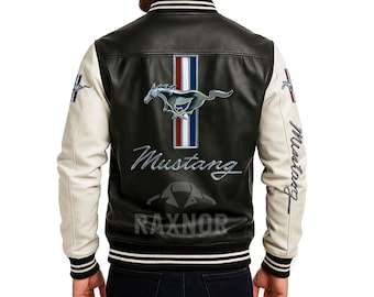 Handmade Ford Mustang Leather Jacket – Men’s Racing Bomber Varsity Style Jacket with Embroidered Mustang Logo
