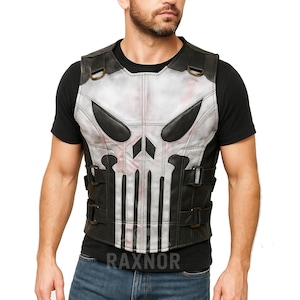 The Punisher Skull Leather Vest | Tactical Biker Vest | War Skull Black Real Leather Motorcycle Vest for Men