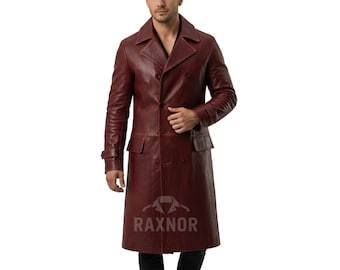 Herr trenchcoat i vinröd läder | Lång kappa i äkta läder | Dubbelknäppt vinröd överrock i läder