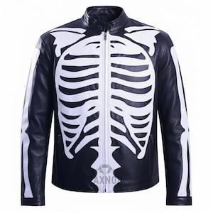 Men’s Skeleton Leather Jacket | Genuine Leather Motorcycle Biker Halloween Jacket | Black White Skull Moto Riding Jacket