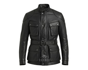Men's Black Leather Field Jacket | Real Leather Biker Jacket | Belted Military Style Coat