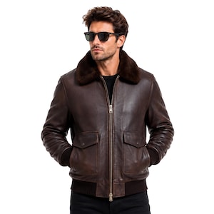 Men's Brown Leather Bomber Jacket, Aviator Flight Jacket, Genuine Leather Fur Collar Coat