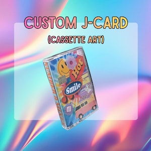 May include: A clear cassette tape with a vibrant design. It features a smiley face, a flower, and a pink van. The text on the tape reads "Hot" and "Smile". The background is a gradient of pink, blue, and yellow.