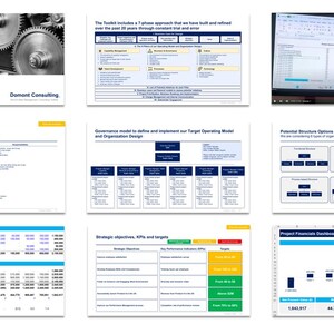 May include: A collection of business and organizational design tools and documents. The image includes a presentation with the title "Operating Model and Organization Design Tools" and a man presenting in front of a screen with data.