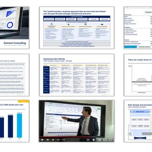 May include: A series of screenshots and a video concerning data analytics and AI strategy. The images include charts, graphs, and textual data. One image shows a laptop displaying a chart. The video features a man pointing at a spreadsheet.