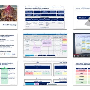 Pode incluir: Uma coleção de capturas de tela de uma apresentação sobre gerenciamento de riscos. As imagens incluem diagramas, gráficos e texto, com o título "Risk Management Toolkit" e o logotipo da Domant Consulting. A apresentação aborda a avaliação e mitigação de riscos.