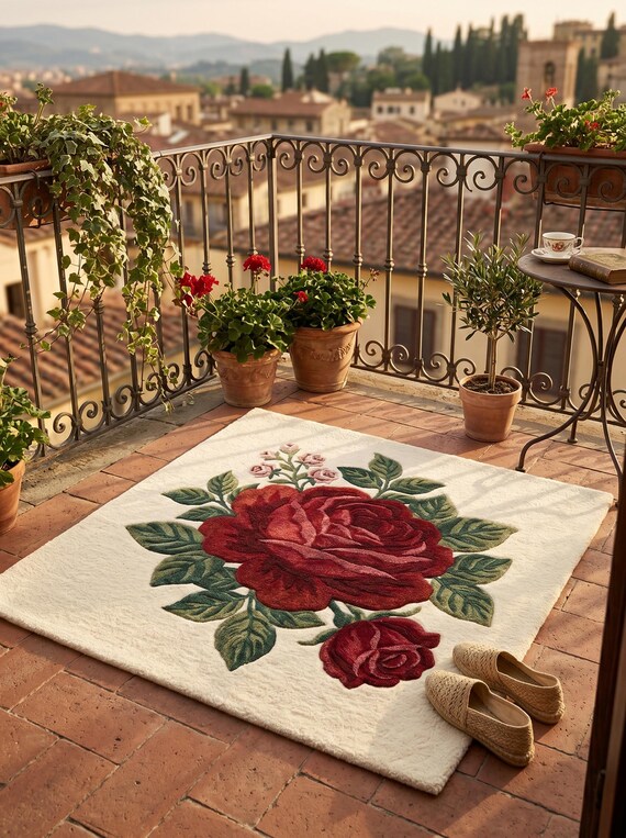 Rose Teppich, Floraler Tufted Teppich, Vintage Botanischer Teppich, Cottagecore Teppich für Schlafzimmer Wohnzimmer Dekor