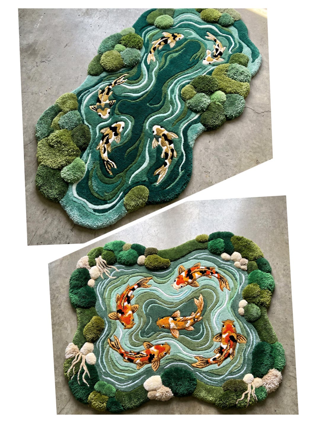 Pond Colors Rug Handmade 3D Koi Pond Rug - Luxury Moss & Stone Effect Carpet - Artisan ...