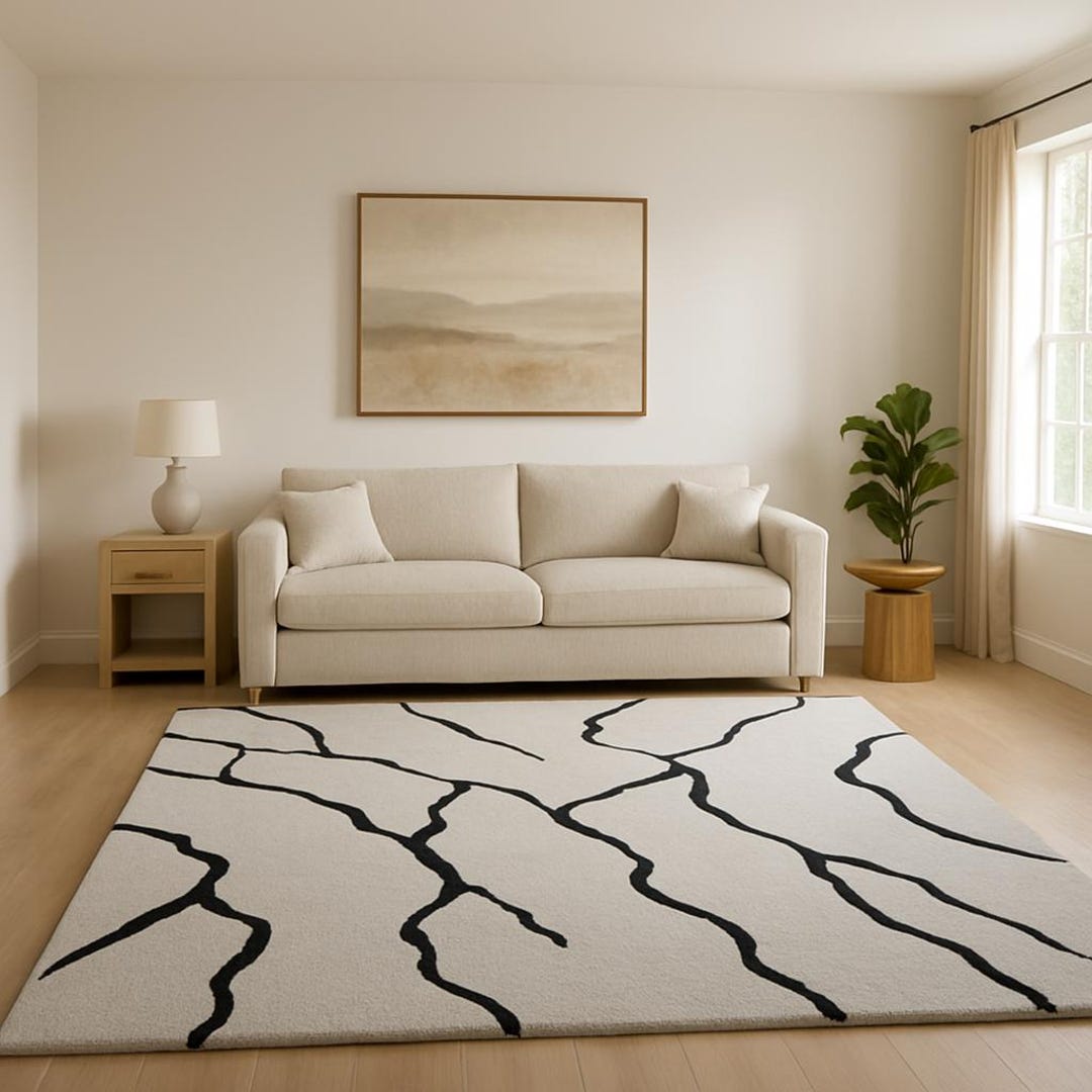 Creak Pattern Rug Hand Tufted Modern Crack Line Rug – Grey & Black Minimalist Carpet 3x5 ...