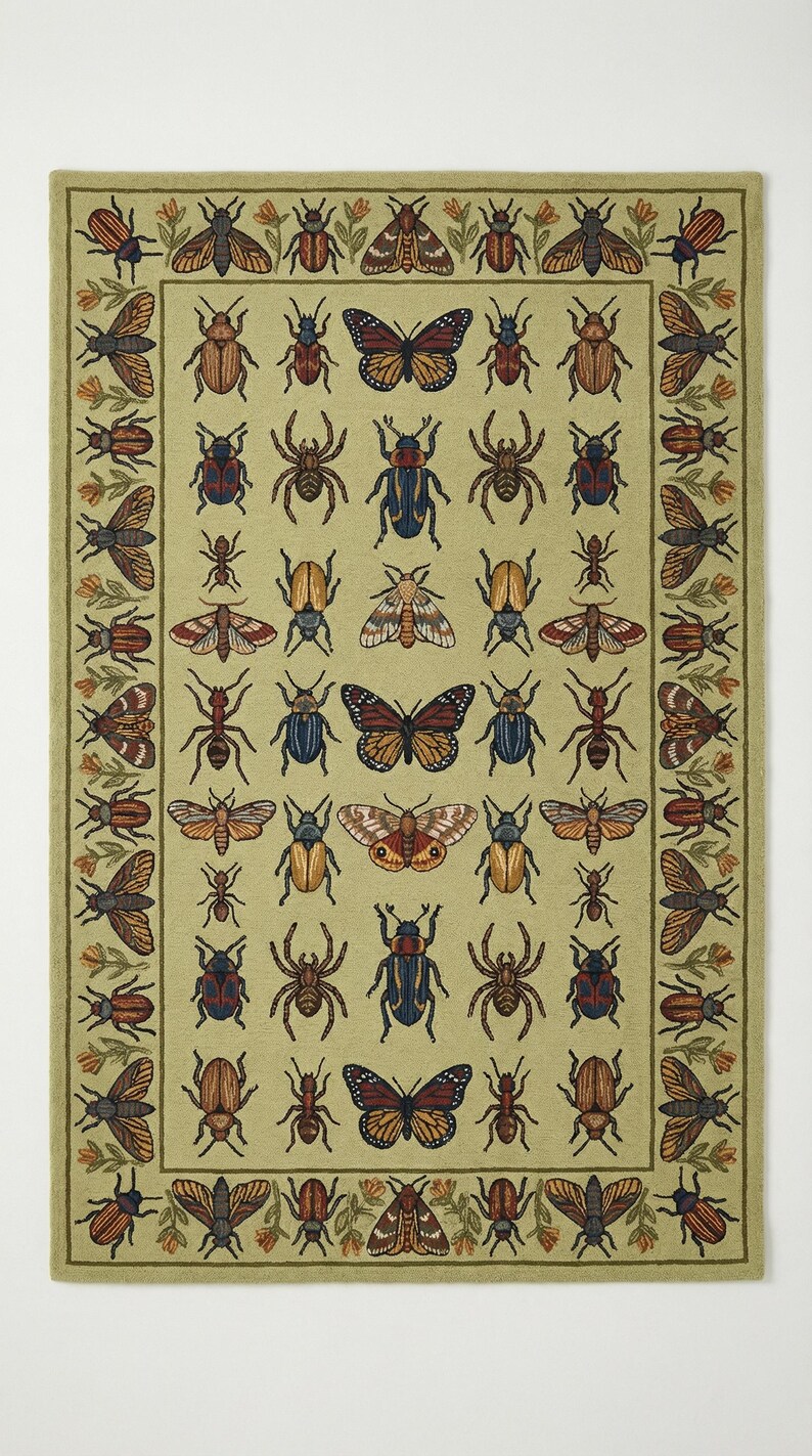 Biology Rug Design Hand Tufted Biology Illustration Rug - Vintage Bug & Butterfly Pattern ...