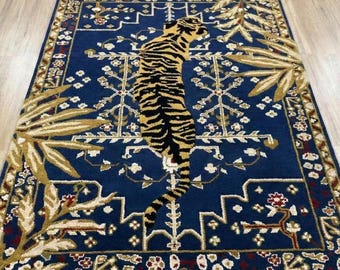 Hand-Tufted Wool Blend Tiger Area Rug, Blue Boho Floral Living Room Carpet custom size available