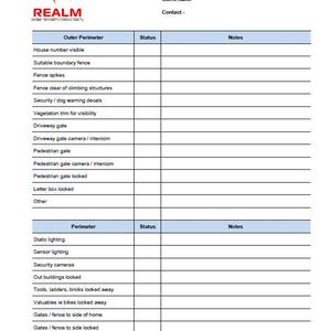 May include: A security inspection report featuring the Realm Home Security Consultants logo. The report is divided into sections for outer perimeter, perimeter, status, and notes. It lists items such as house number visibility and security cameras.