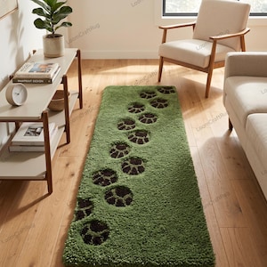 Hand Tufted Green Paw Print Runner Rug, Pet Lover Wool Hallway Rug, Custom Dog Paw Carpet, Entryway Runner, Cute Animal Track Floor Mat