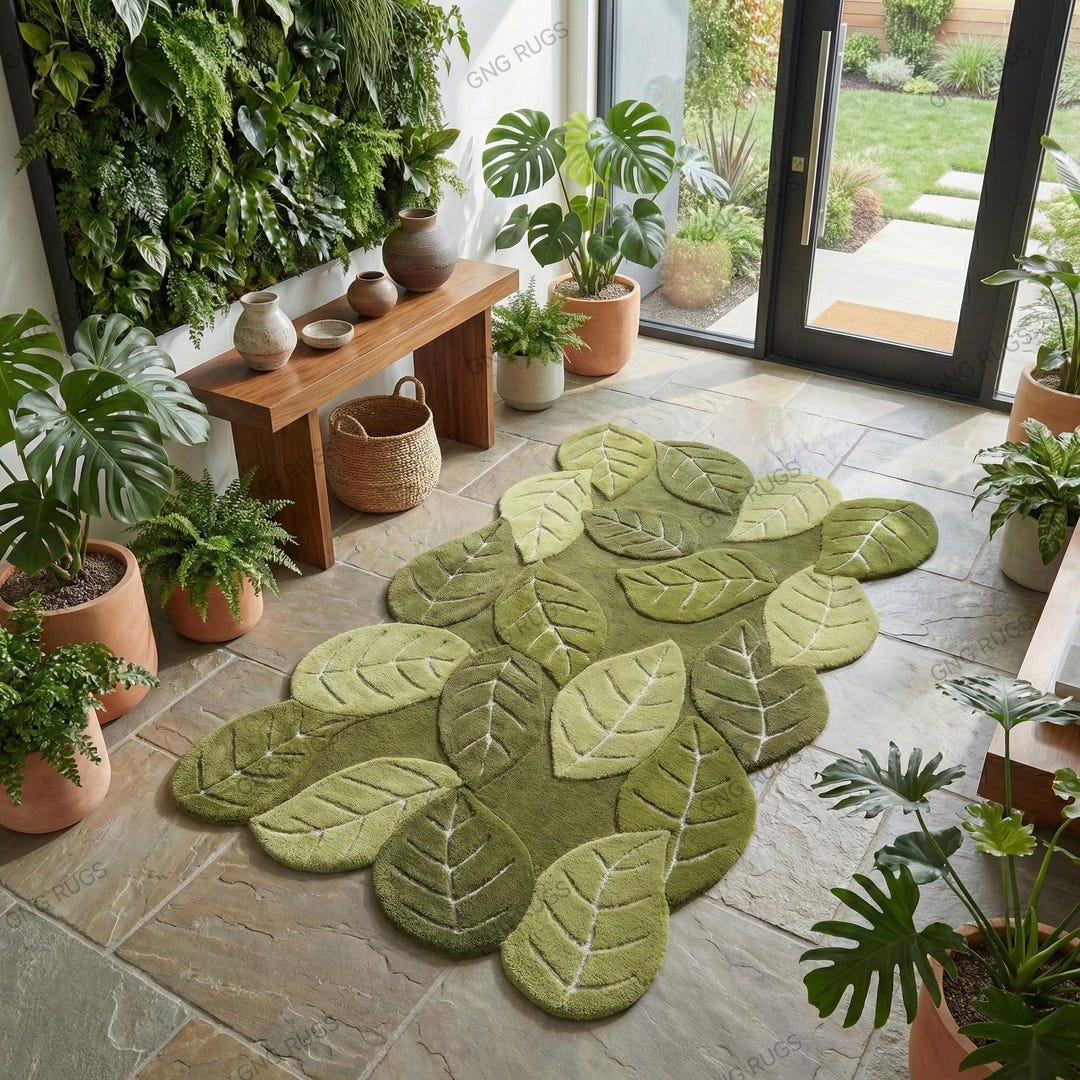 Leafy Handmade Rug Hand Tufted Green Leaf Shaped Wool Rug, Botanical Area Rug, Modern ...