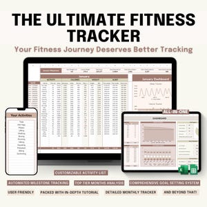 May include: A digital fitness tracker interface displayed on a laptop, tablet, and smartphone. The interface shows activity, calories, weight, and sleep data. Text includes "THE ULTIMATE FITNESS TRACKER" and "Your Fitness Journey Deserves Better Tracking."