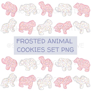 May include: A set of frosted animal cookies in various shapes, including elephants, bears, and camels. The cookies are decorated with pink and white frosting and colorful sprinkles. The text "FROSTED ANIMAL COOKIES SET PNG" is displayed in a blue rectangle.