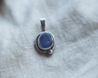 Custom Dark Blue Cornish Seaglass Necklace, Seaglass Necklace UK, Seaglass Necklace Silver, Seaglass Pendant Necklace - Gift For Ocean Lover