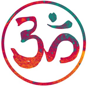 May include: A circular design with a red, orange, and teal splatter pattern. The center of the circle features a stylized "Om" symbol in white.