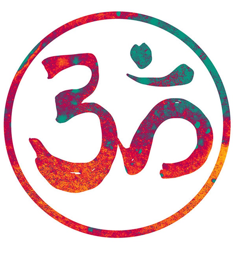May include: A circular design with a red, orange, and teal splatter pattern. The center of the circle features a stylized "Om" symbol in white.