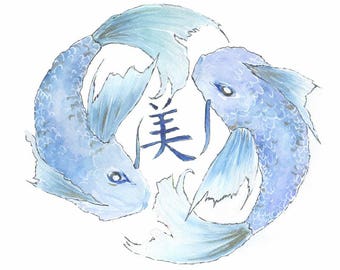 Carp Art, Watercolor Painting, Yin Yang, Watercolor Art, Watercolor Print, Illustration Art, Nature Art, Modern Art, Wall Art, Koi Carp