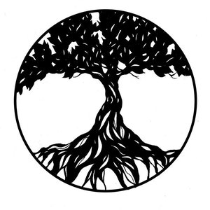 May include: Black and white illustration of a tree of life with intricate roots and branches, enclosed in a circle.