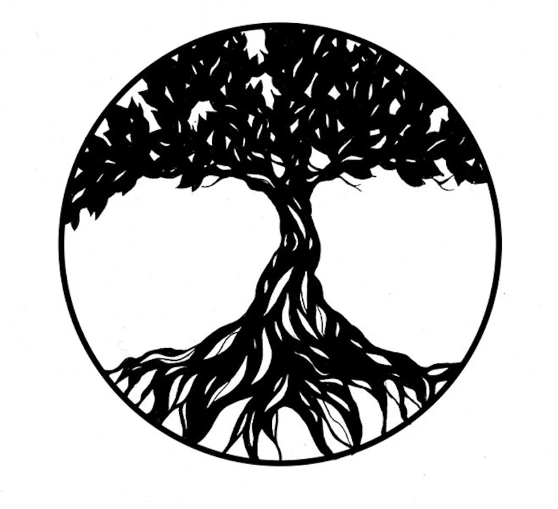 May include: Black and white illustration of a tree of life with intricate roots and branches, enclosed in a circle.