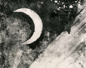 Large Moon Print, Cresent Moon Print, Print Making, Mono Print, Wall Art, Modern Wall Art, Fine Art Print, Art Black White, Minimalist