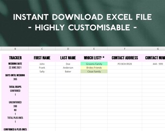 Wedding Planner, Wedding Guest List Planner, Guest List Tracker, Excel Spreadsheet, Wedding RSVP Tracker, Address Tracker, Gift Tracker