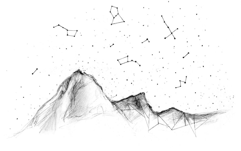 May include: A black and white pencil drawing of a mountain range under a starry sky. The constellations are depicted as connected dots. The mountain range is detailed with shading and geometric lines.
