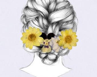 Flower Girl Collage PRINT, Collage Art, Art Drawing, Mixed Media, Wall Hanging, Modern Art, Pencil Art, Portrait Drawing, Fine Art Print
