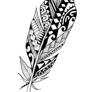 May include: Black and white illustration of a feather with intricate geometric patterns. The feather's design includes various shapes like diamonds, triangles, and curved lines, creating a detailed and artistic appearance. The feather is a symbol of freedom and creativity.