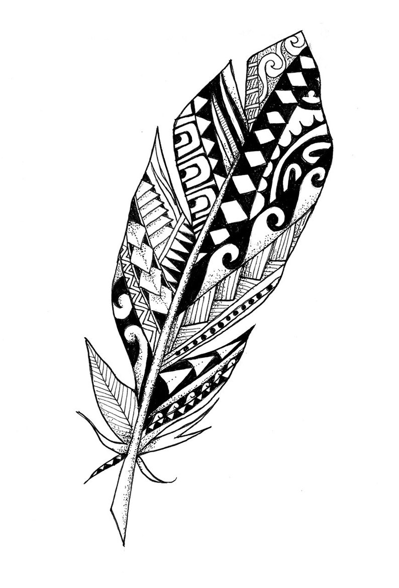 May include: Black and white illustration of a feather with intricate geometric patterns. The feather's design includes various shapes like diamonds, triangles, and curved lines, creating a detailed and artistic appearance. The feather is a symbol of freedom and creativity.