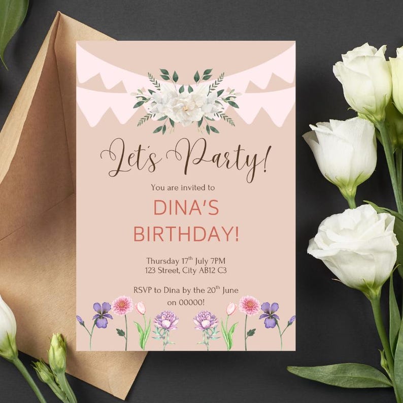 May include: A birthday party invitation with the text "Let's Party!" and "DINA'S BIRTHDAY!" on a pink background. The invitation includes details such as the date, time, and location. Floral accents and a decorative envelope complete the design.