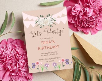 Customizable Digital Birthday Invitation - Floral Party Invite - Instant Download - Elegant DIY Invitation - Printable Birthday Invite