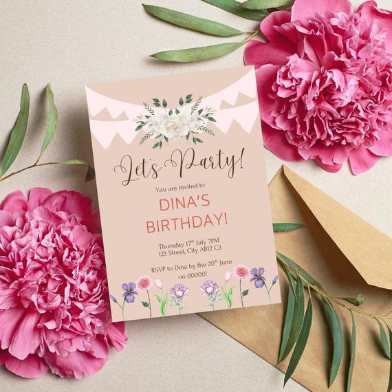 Customizable Digital Birthday Invitation - Floral Party Invite - Instant Download - Elegant DIY Invitation - Printable Birthday Invite
