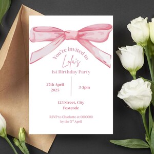 Coquette Aesthetic Birthday Party Invitation | Pink Ribbon Digital Invitation | Cute & Elegant Baby Girl Birthday Invite | Instant Download