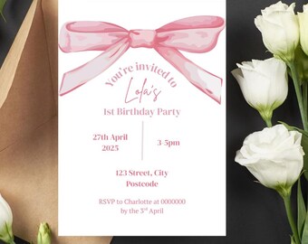 Coquette Aesthetic Birthday Party Invitation | Pink Ribbon Digital Invitation | Cute & Elegant Baby Girl Birthday Invite | Instant Download
